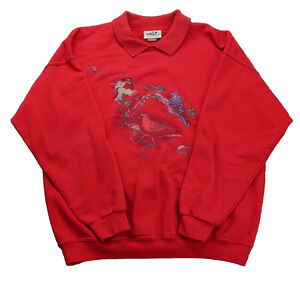 VTG L Northern Reflections Womens Red Collared Sweatshirt Birds Cardinal Bluejay